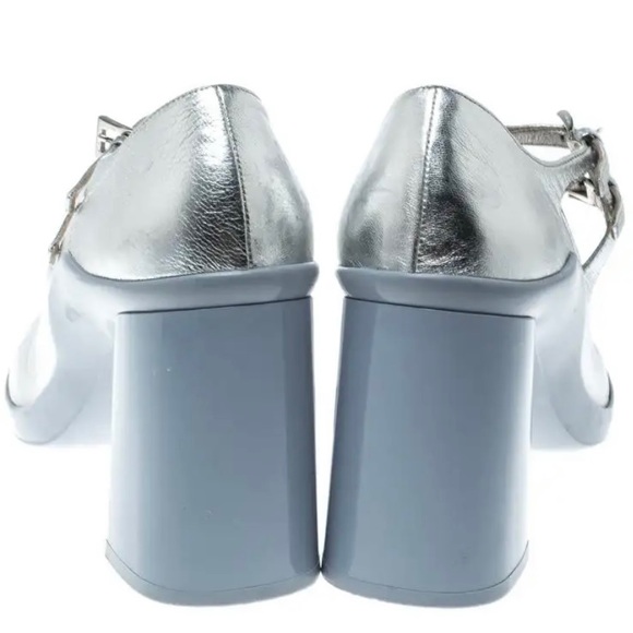 Prada metallic silver leather dual strap mary jane shoes with block heel. - Picture 3 of 14